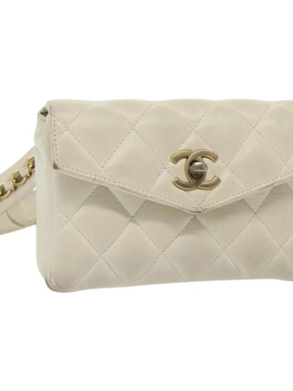 CHANEL Matelasse Chain Waist bag Lamb Skin White Gold CC Auth BA5530